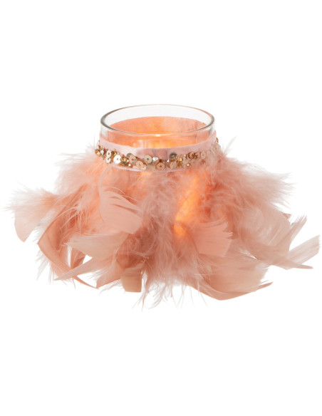 Photophore en verre transparent plumes rose poudré Ø6 x H7,5 cm Pluméa 
