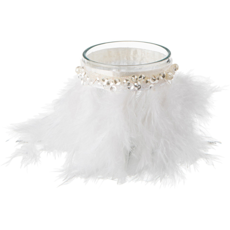 Photophore en verre transparent plumes blanches Ø6 x H7,5 cm Pluméa 