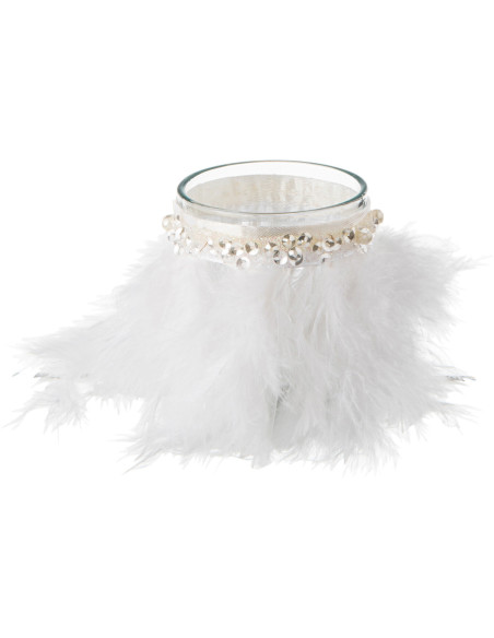 Photophore en verre transparent plumes blanches Ø6 x H7,5 cm Pluméa 