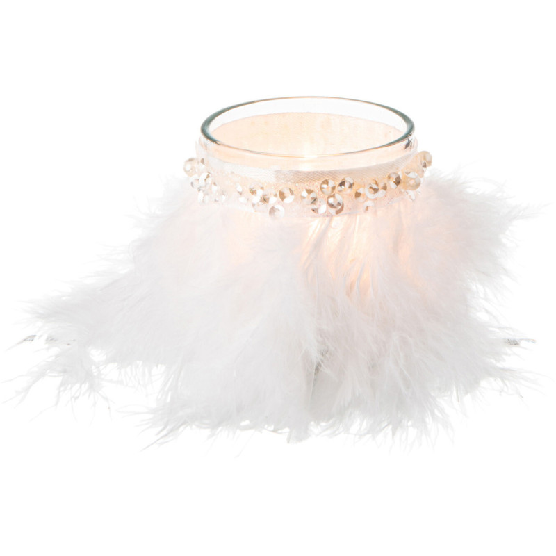Photophore en verre transparent plumes blanches Ø6 x H7,5 cm Pluméa 