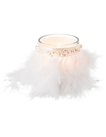 Photophore en verre transparent plumes blanches Ø6 x H7,5 cm Pluméa 