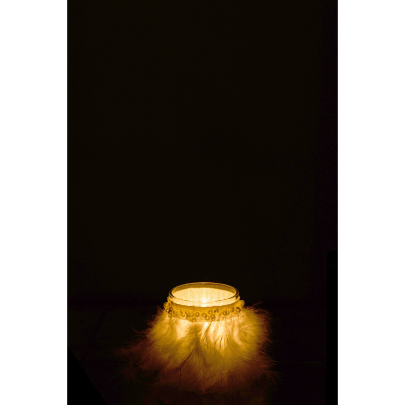 Photophore en verre transparent plumes blanches Ø6 x H7,5 cm Pluméa 