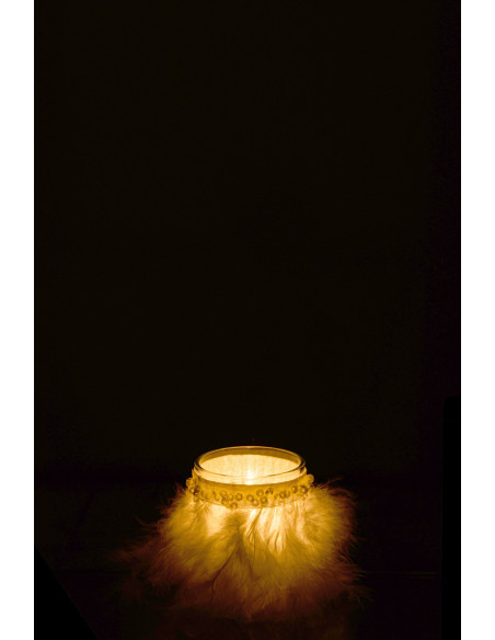 Photophore en verre transparent plumes blanches Ø6 x H7,5 cm Pluméa 