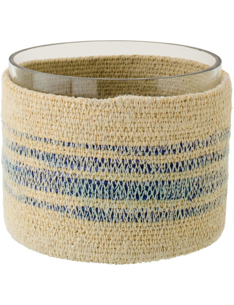 Photophore en fibres naturelles et verre motifs bleu Ø15 x H12 cm Marévia 