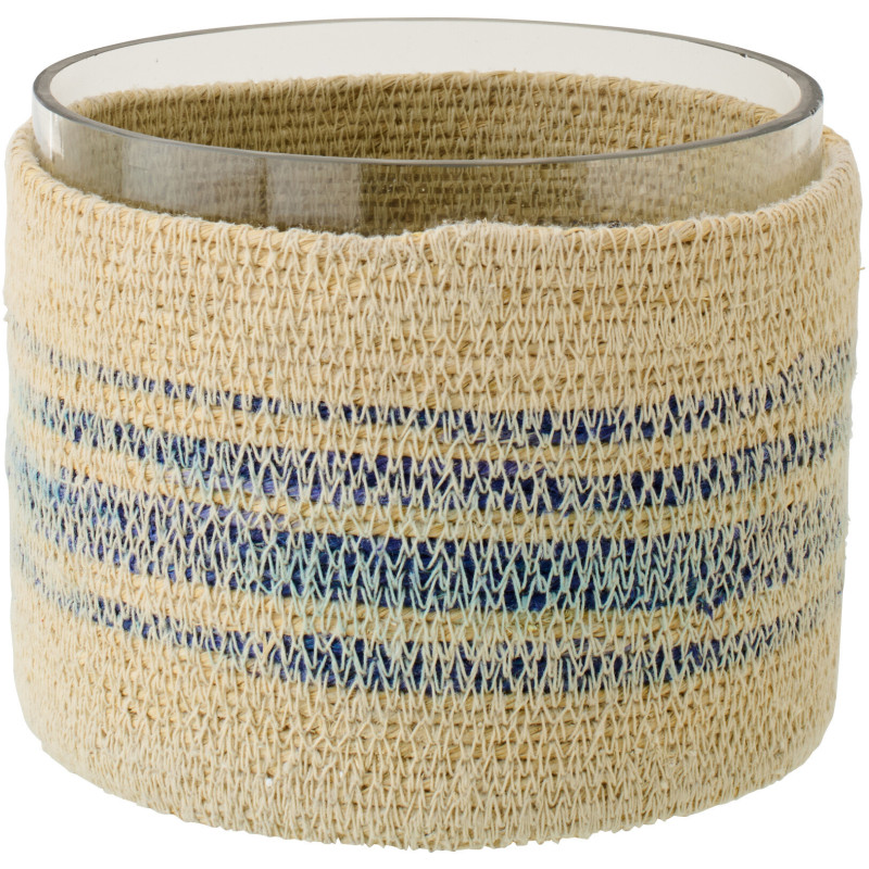 Photophore en fibres naturelles et verre motifs bleu Ø15 x H12 cm Marévia 