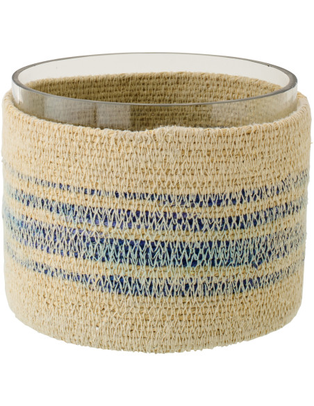 Photophore en fibres naturelles et verre motifs bleu Ø15 x H12 cm Marévia 