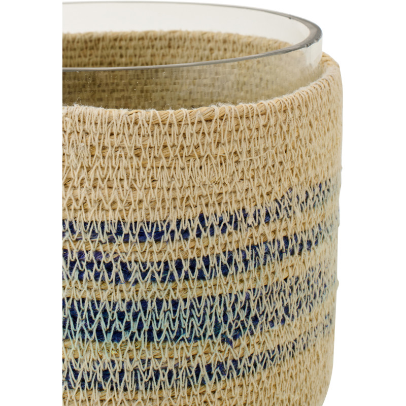 Photophore en fibres naturelles et verre motifs bleu Ø15 x H12 cm Marévia 