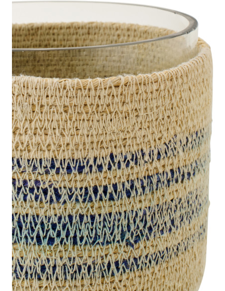 Photophore en fibres naturelles et verre motifs bleu Ø15 x H12 cm Marévia 