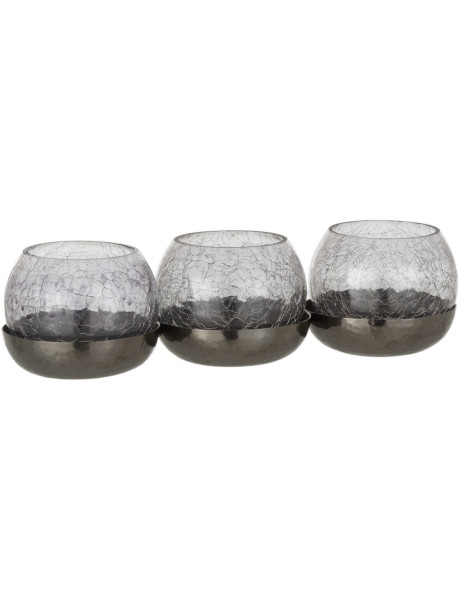 Photophore triple boules en verre craquelé noir support métal L27 cm Orbélis 