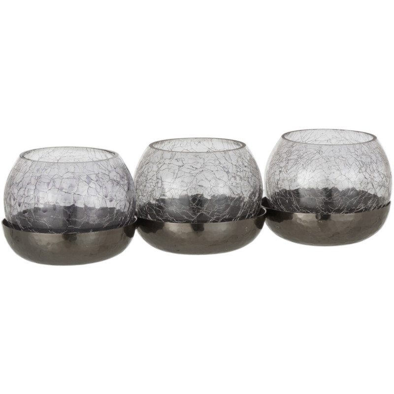 Photophore triple boules en verre craquelé noir support métal L27 cm Orbélis 