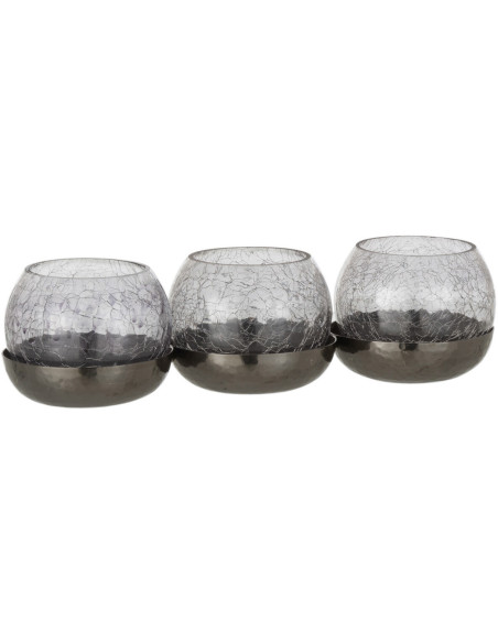 Photophore triple boules en verre craquelé noir support métal L27 cm Orbélis 