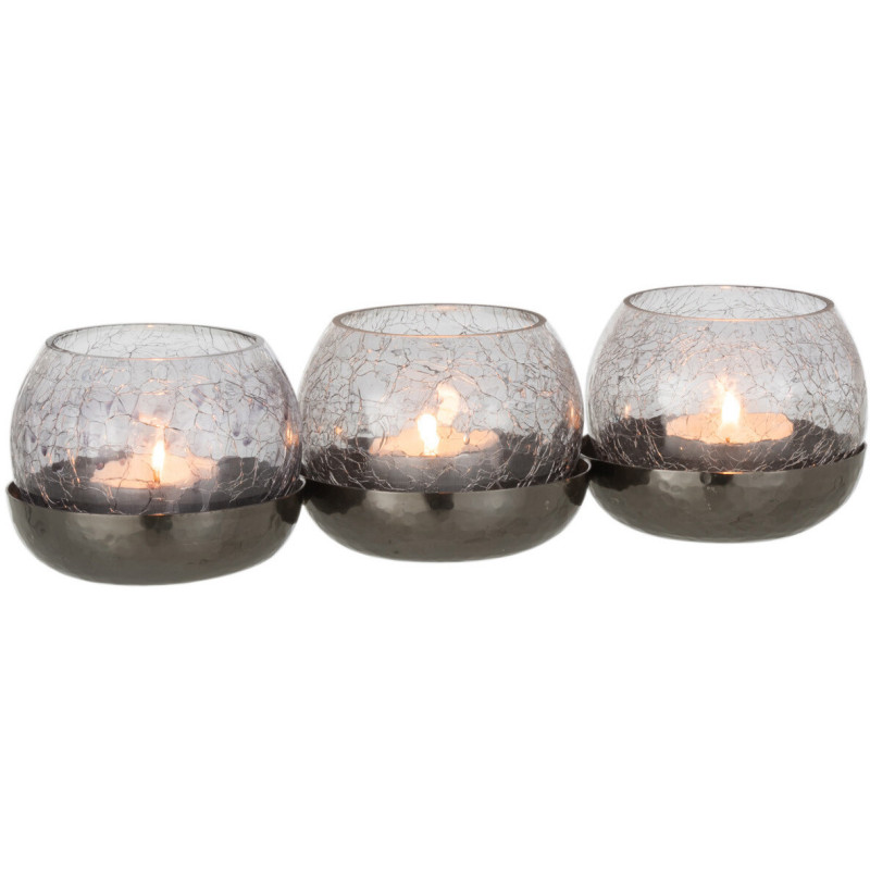 Photophore triple boules en verre craquelé noir support métal L27 cm Orbélis 