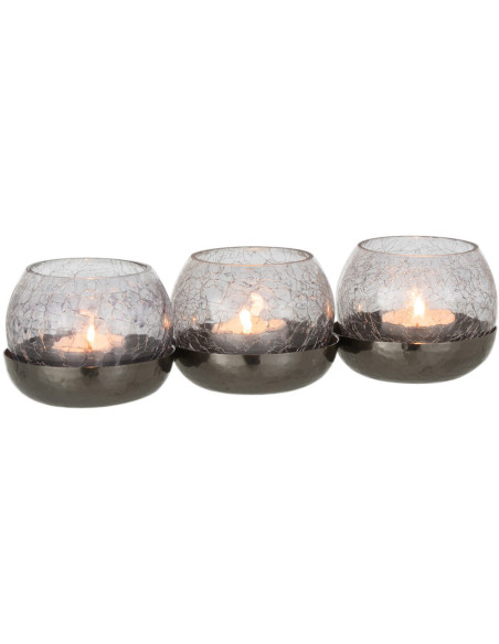 Photophore triple boules en verre craquelé noir support métal L27 cm Orbélis 