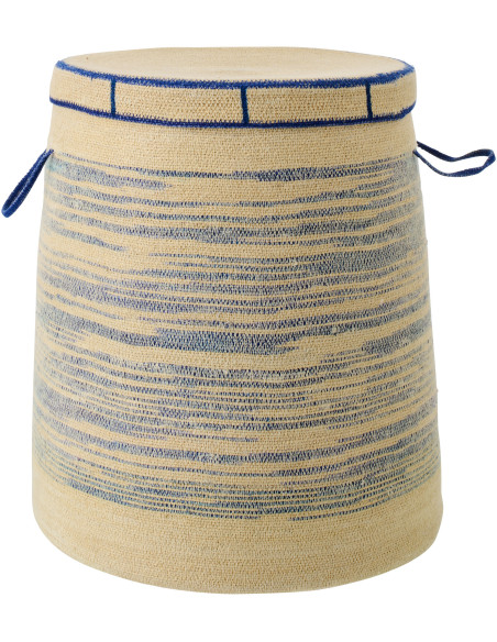 Panier coffre avec couvercle et anses fibres naturelles motifs bleu Ø51 x H60 cm Marévia 