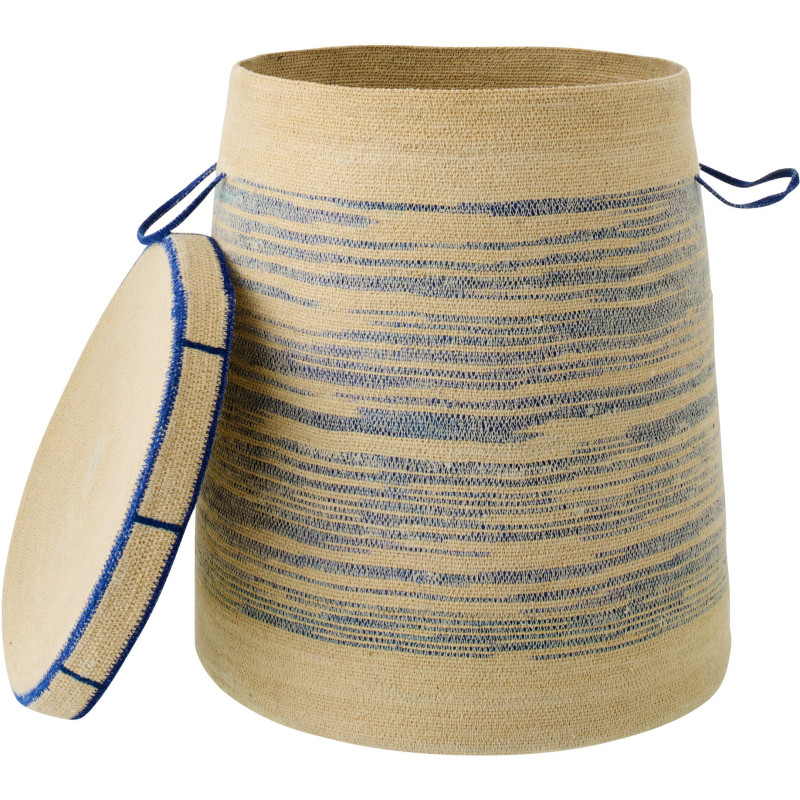 Panier coffre avec couvercle et anses fibres naturelles motifs bleu Ø51 x H60 cm Marévia 