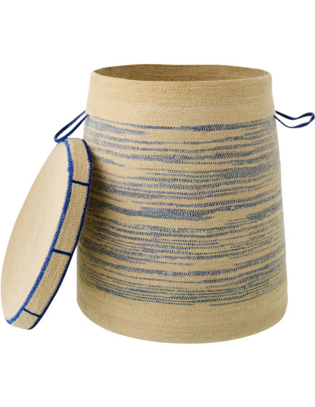 Panier coffre avec couvercle et anses fibres naturelles motifs bleu Ø51 x H60 cm Marévia 