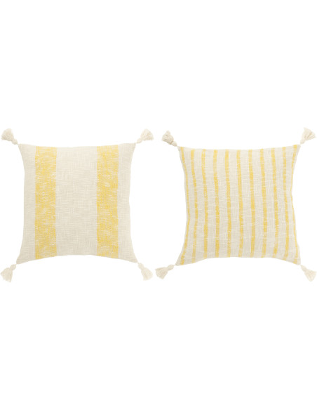 Lot de 2 coussins carrés lignes jaunes et écru 45 x 45 cm coton déhoussable Solyra 