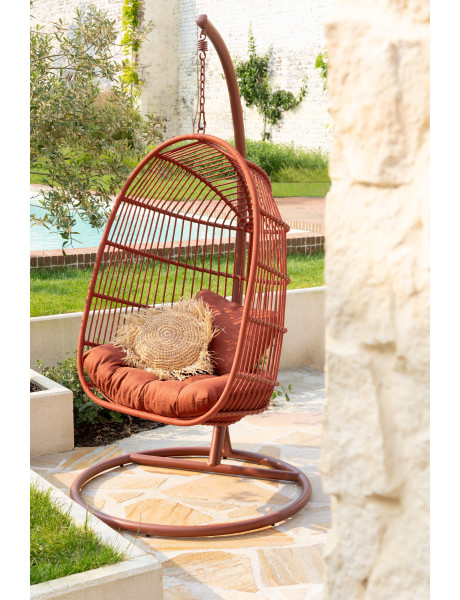 Fauteuil suspendu sur pied en acier et corde terracotta Ø100 cm coussin inclus Egga 