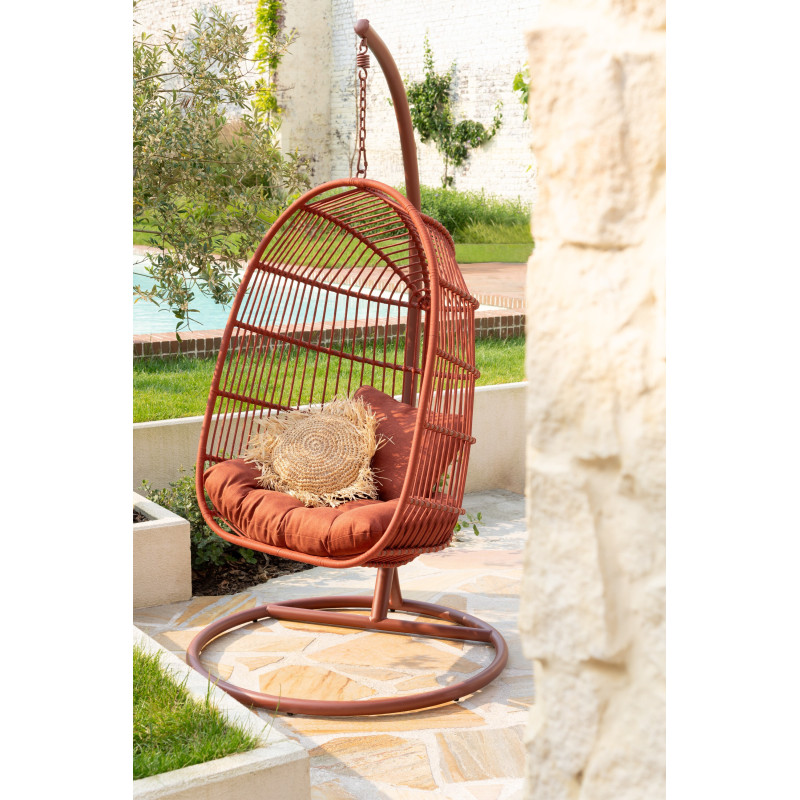 Fauteuil suspendu sur pied en acier et corde terracotta Ø100 cm coussin inclus Egga 