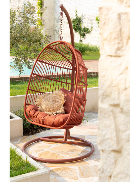Fauteuil suspendu sur pied en acier et corde terracotta Ø100 cm coussin inclus Egga 