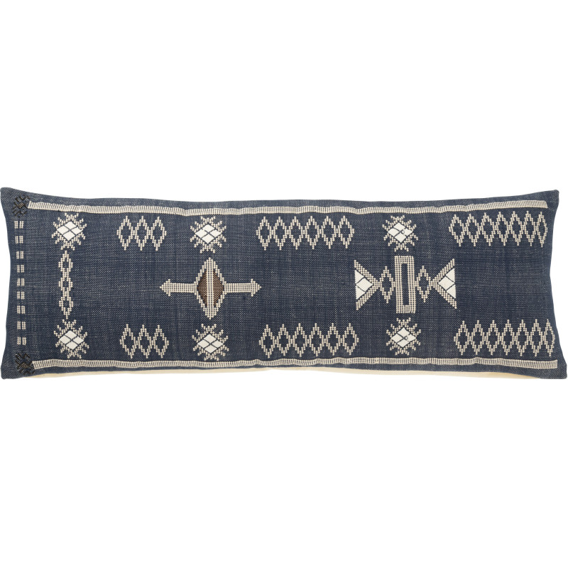 Coussin rectangulaire coton motifs ethniques bleu profond 100 x 35 cm Azmara 