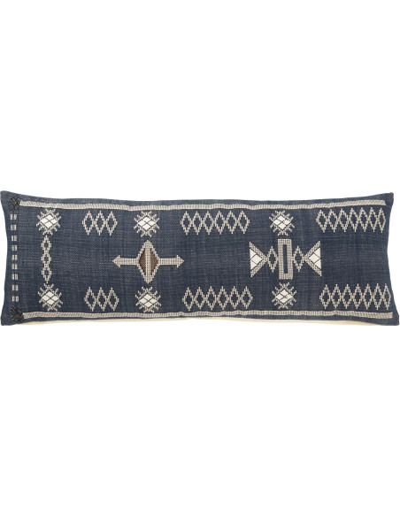Coussin rectangulaire coton motifs ethniques bleu profond 100 x 35 cm Azmara 