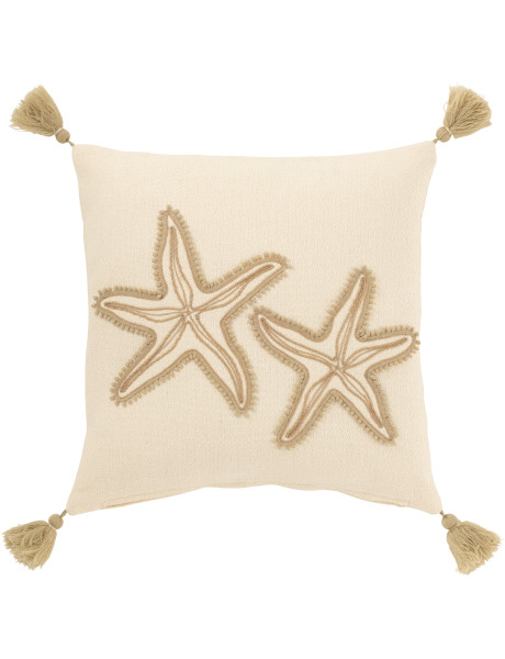 Coussin carré étoiles de mer beige 45 x 45 cm coton déhoussable à pompons Lioréa 