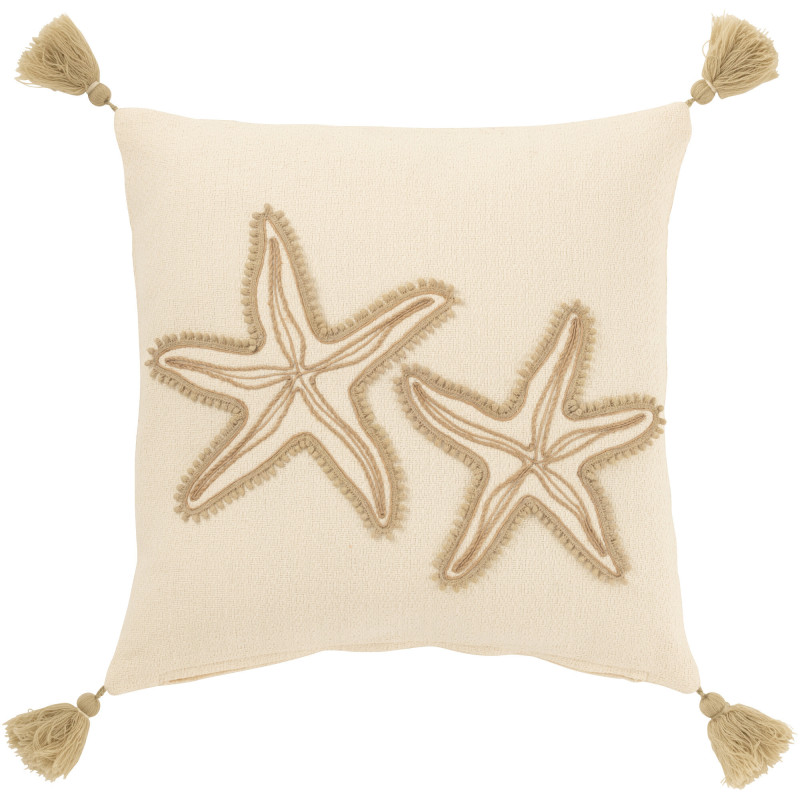 Coussin carré étoiles de mer beige 45 x 45 cm coton déhoussable à pompons Lioréa 