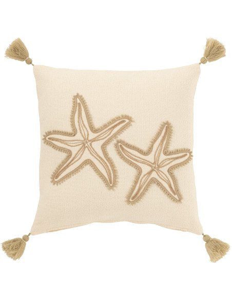 Coussin carré étoiles de mer beige 45 x 45 cm coton déhoussable à pompons Lioréa 