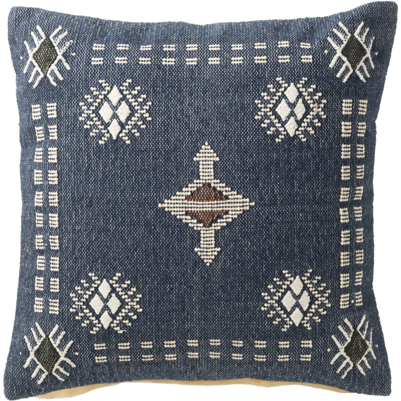 Coussin carré coton motifs ethniques bleu profond 45 x 45 cm Azmara 