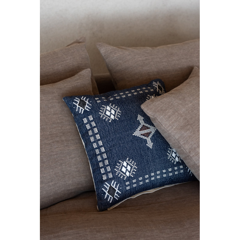 Coussin carré coton motifs ethniques bleu profond 45 x 45 cm Azmara 