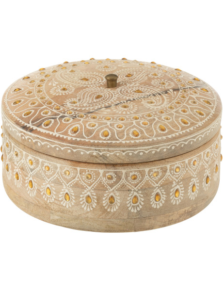 Boîte de rangement ronde sculptée bois de manguier Ø20 cm avec couvercle Arvella 