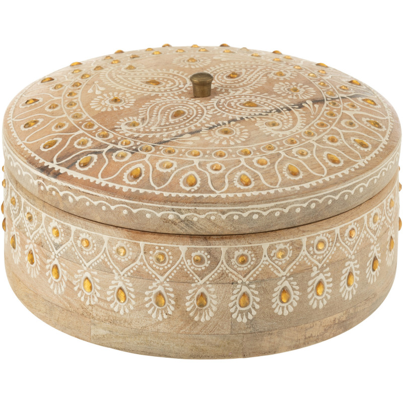 Boîte de rangement ronde sculptée bois de manguier Ø20 cm avec couvercle Arvella 