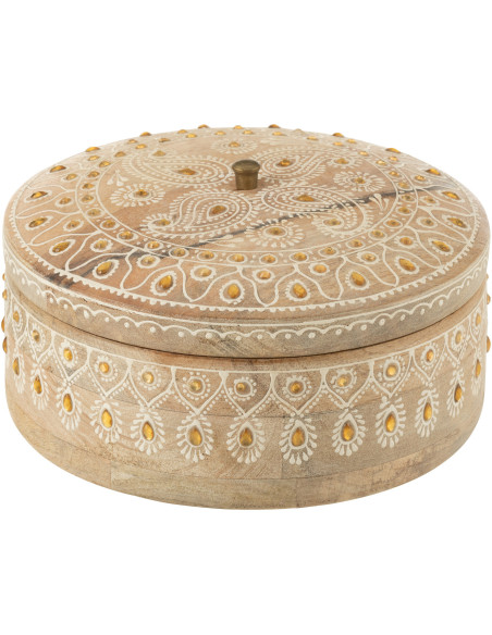 Boîte de rangement ronde sculptée bois de manguier Ø20 cm avec couvercle Arvella 