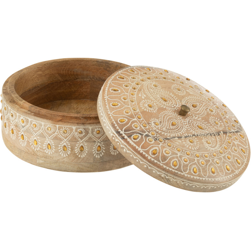 Boîte de rangement ronde sculptée bois de manguier Ø20 cm avec couvercle Arvella 