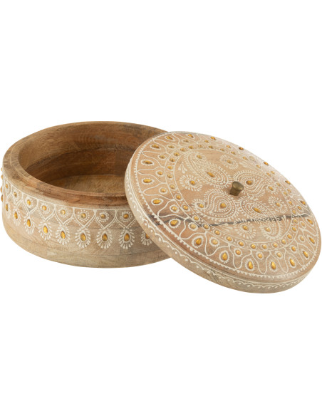 Boîte de rangement ronde sculptée bois de manguier Ø20 cm avec couvercle Arvella 