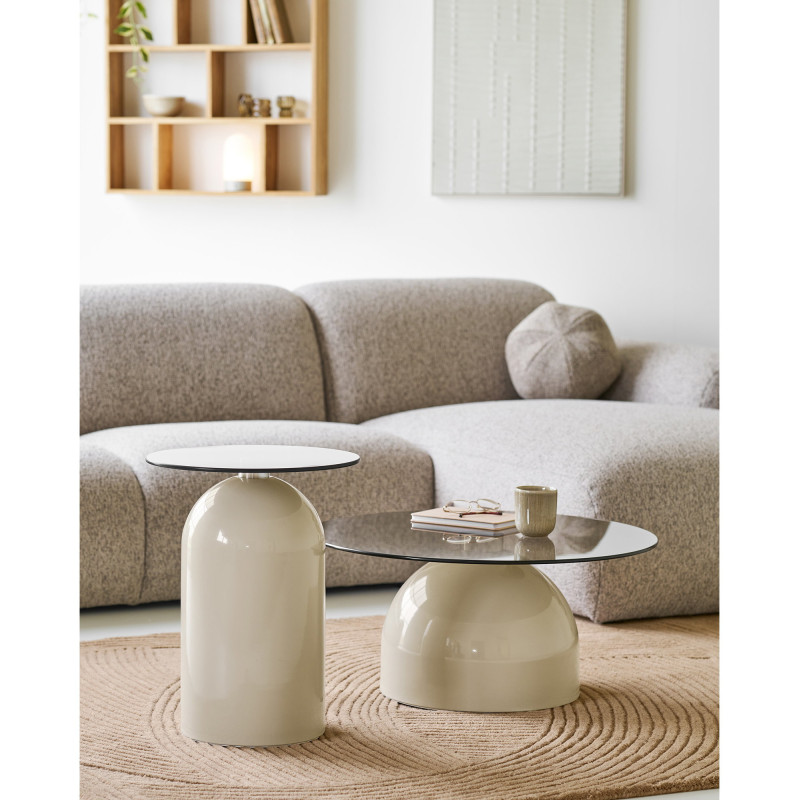 Table d'appoint Ø40 cm verre trempé fumé pied métal beige H52 cm Ravello 