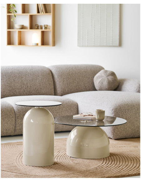 Table d'appoint Ø40 cm verre trempé fumé pied métal beige H52 cm Ravello 