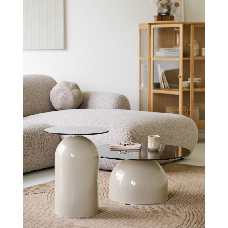 Table basse Ø70 cm verre trempé fumé pied métal beige H33 cm Ravello 