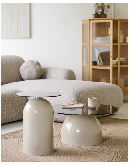 Table basse Ø70 cm verre trempé fumé pied métal beige H33 cm Ravello 