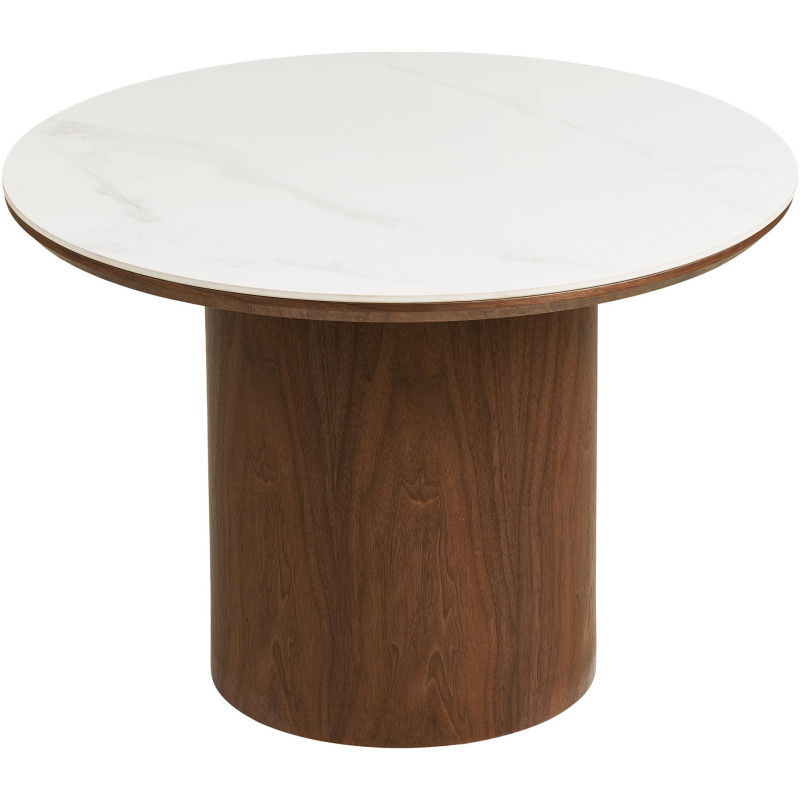 Table basse céramique effet marbre blanc Ø60 x H42 cm pied bois foncé Noli 