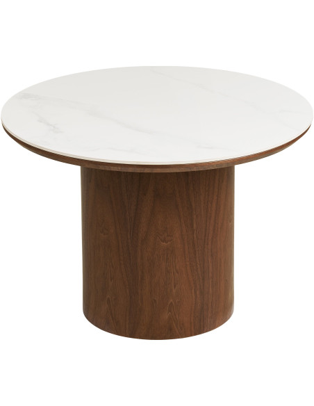 Table basse céramique effet marbre blanc Ø60 x H42 cm pied bois foncé Noli 