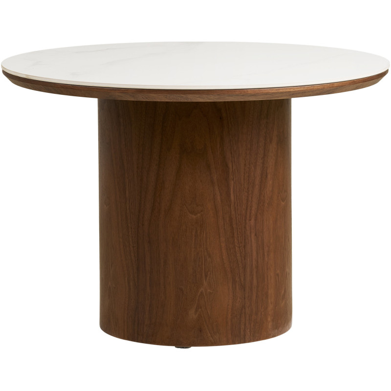 Table basse céramique effet marbre blanc Ø60 x H42 cm pied bois foncé Noli 