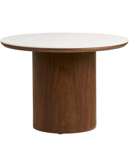 Table basse céramique effet marbre blanc Ø60 x H42 cm pied bois foncé Noli 