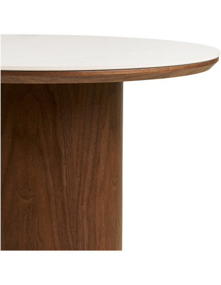 Table basse céramique effet marbre blanc Ø60 x H42 cm pied bois foncé Noli 