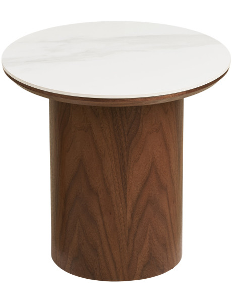Table d’appoint céramique effet marbre blanc Ø40 x H38 cm pied bois foncé Noli 