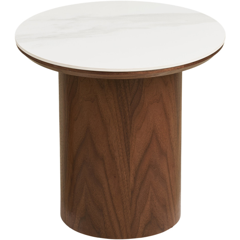 Table d’appoint céramique effet marbre blanc Ø40 x H38 cm pied bois foncé Noli 