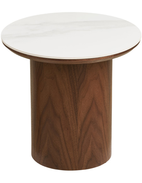 Table d’appoint céramique effet marbre blanc Ø40 x H38 cm pied bois foncé Noli 