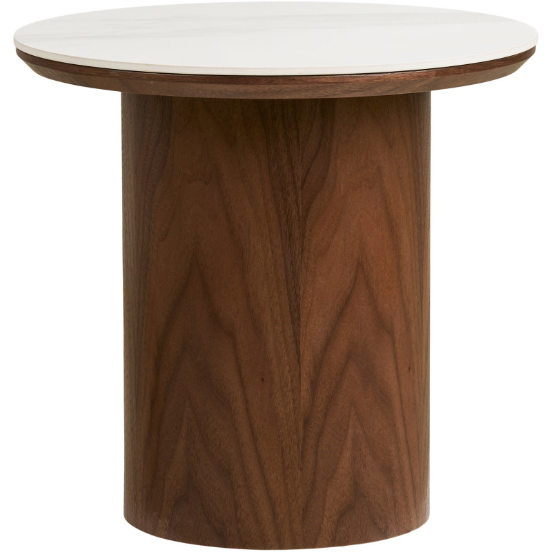 Table d’appoint céramique effet marbre blanc Ø40 x H38 cm pied bois foncé Noli 