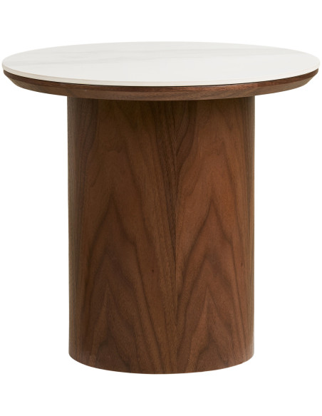 Table d’appoint céramique effet marbre blanc Ø40 x H38 cm pied bois foncé Noli 